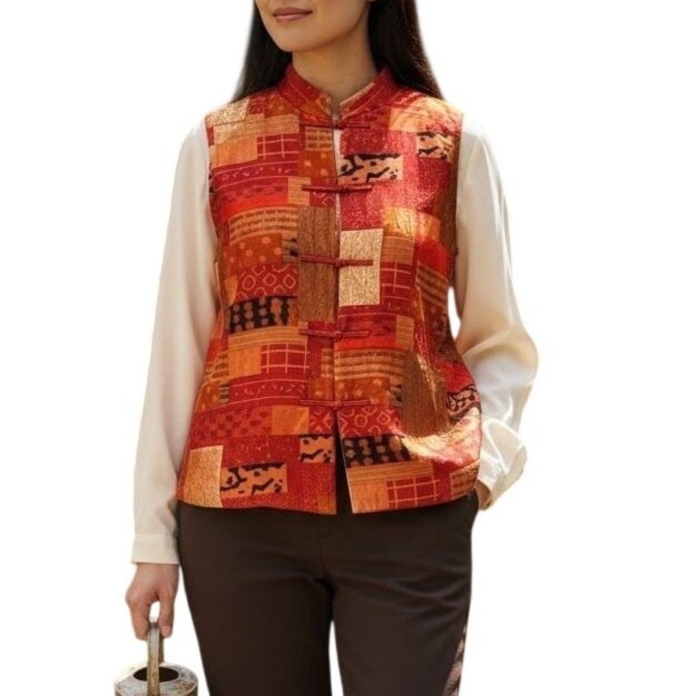 Coldwater Creek Patchwork Silk Blend Vest Womens Large Red‎ Orange Frog Toggle L